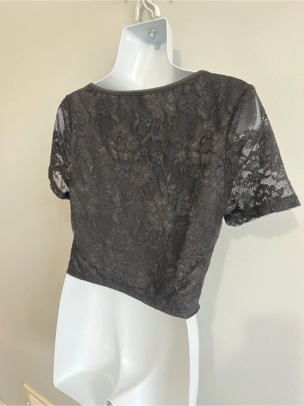 Shein Size M Black Lace Corset-Style Keyhole Tie Short Sleeve Crop Top Goth