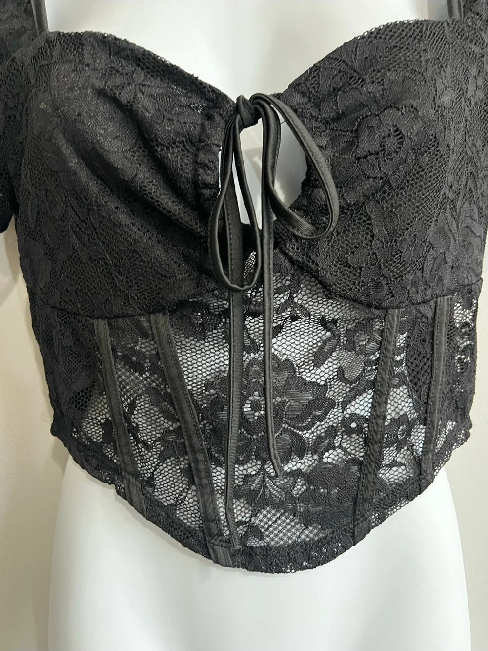 Shein Size M Black Lace Corset-Style Keyhole Tie Short Sleeve Crop Top Goth