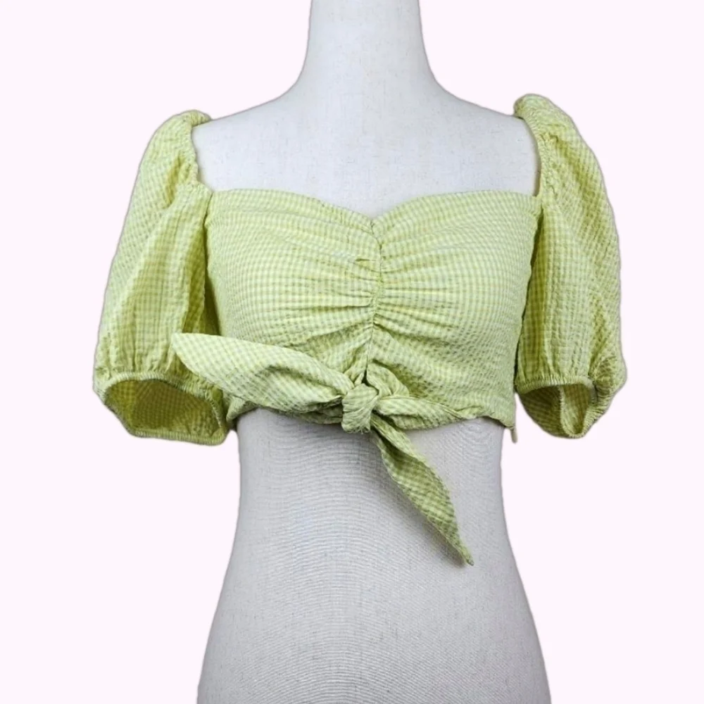 New Zara Gingham Cotton Puff Sleeve Tie Knot Front Smocked Cropped Bra Top Small