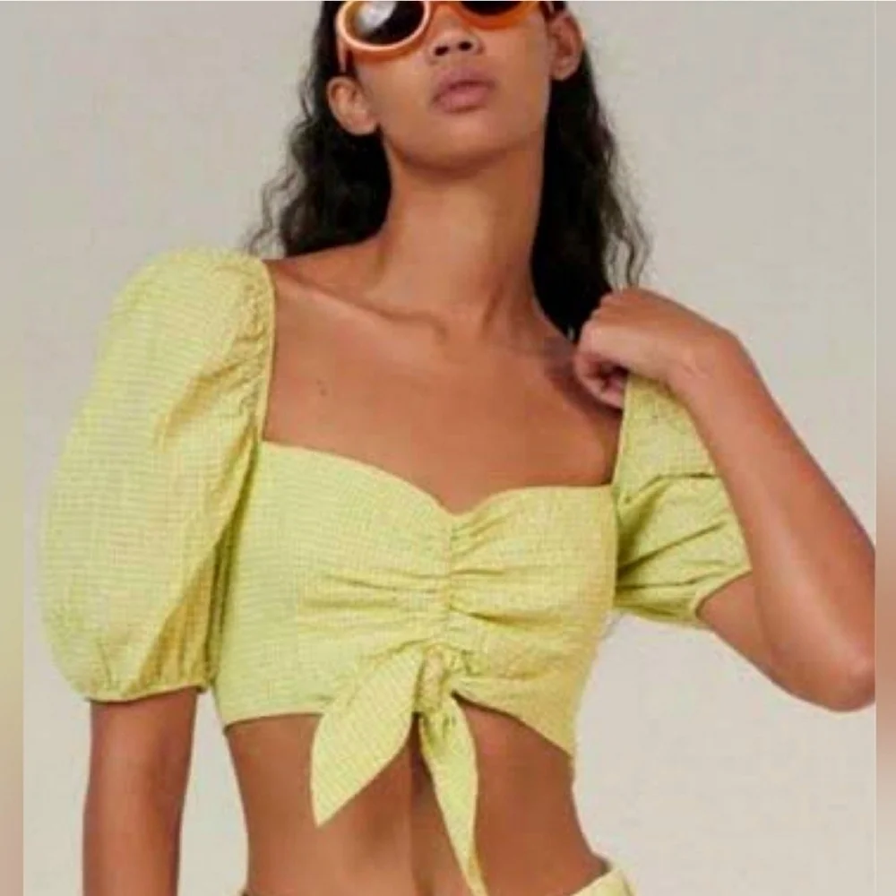 New Zara Gingham Cotton Puff Sleeve Tie Knot Front Smocked Cropped Bra Top Small