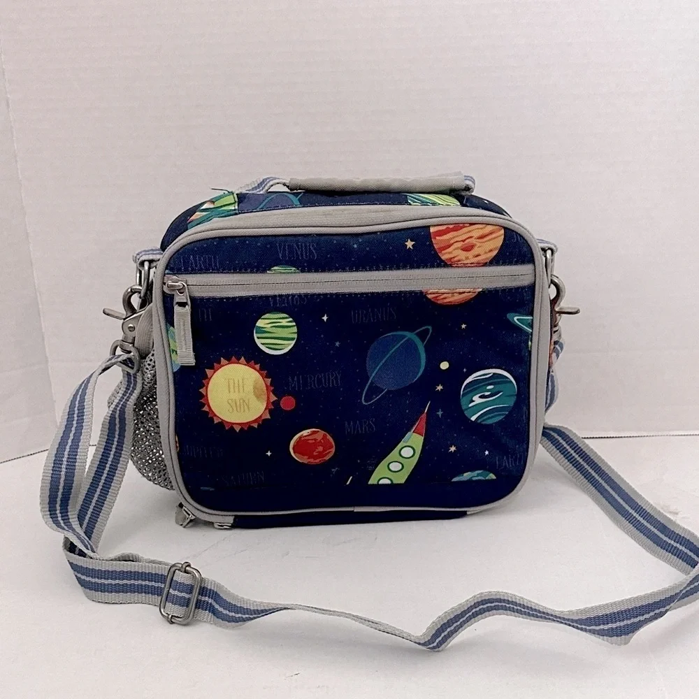 Pottery Barn Kids Mackenzie Space-Themed lunchbox with strap and pouch Navy Blue