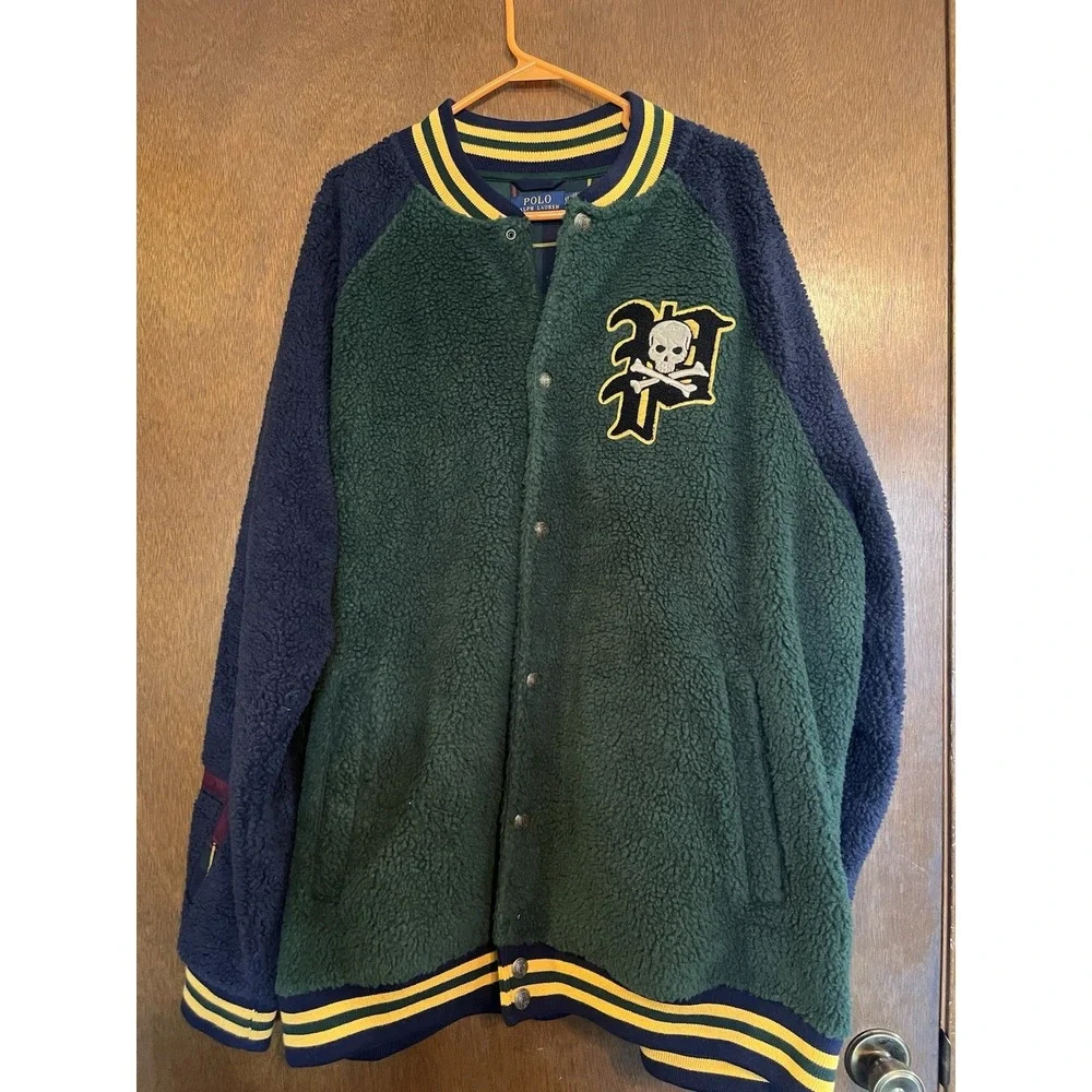 Polo Ralph Lauren Varsity P Pirate Skull Green/Navy Sherpa Bomber‎ Jacket XLT