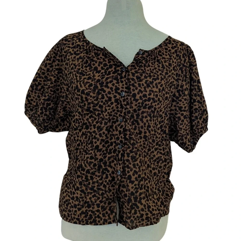 Madewell Blouse Women‎ S Brown Leopard Print Puff Sleeve Button Front Cotton Top