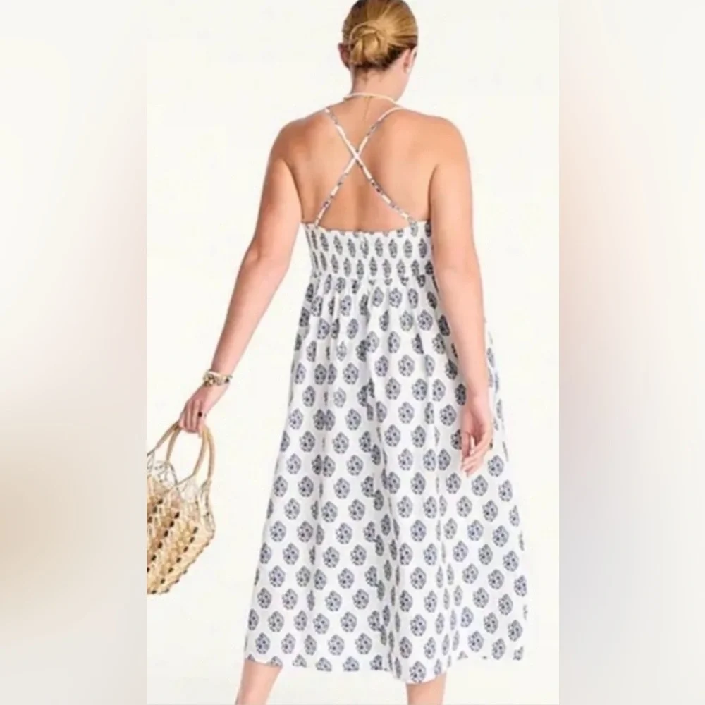 J. Crew Friday Dress in Gathered Floral Block Print  Maxi Dress - Navy Wht  - L