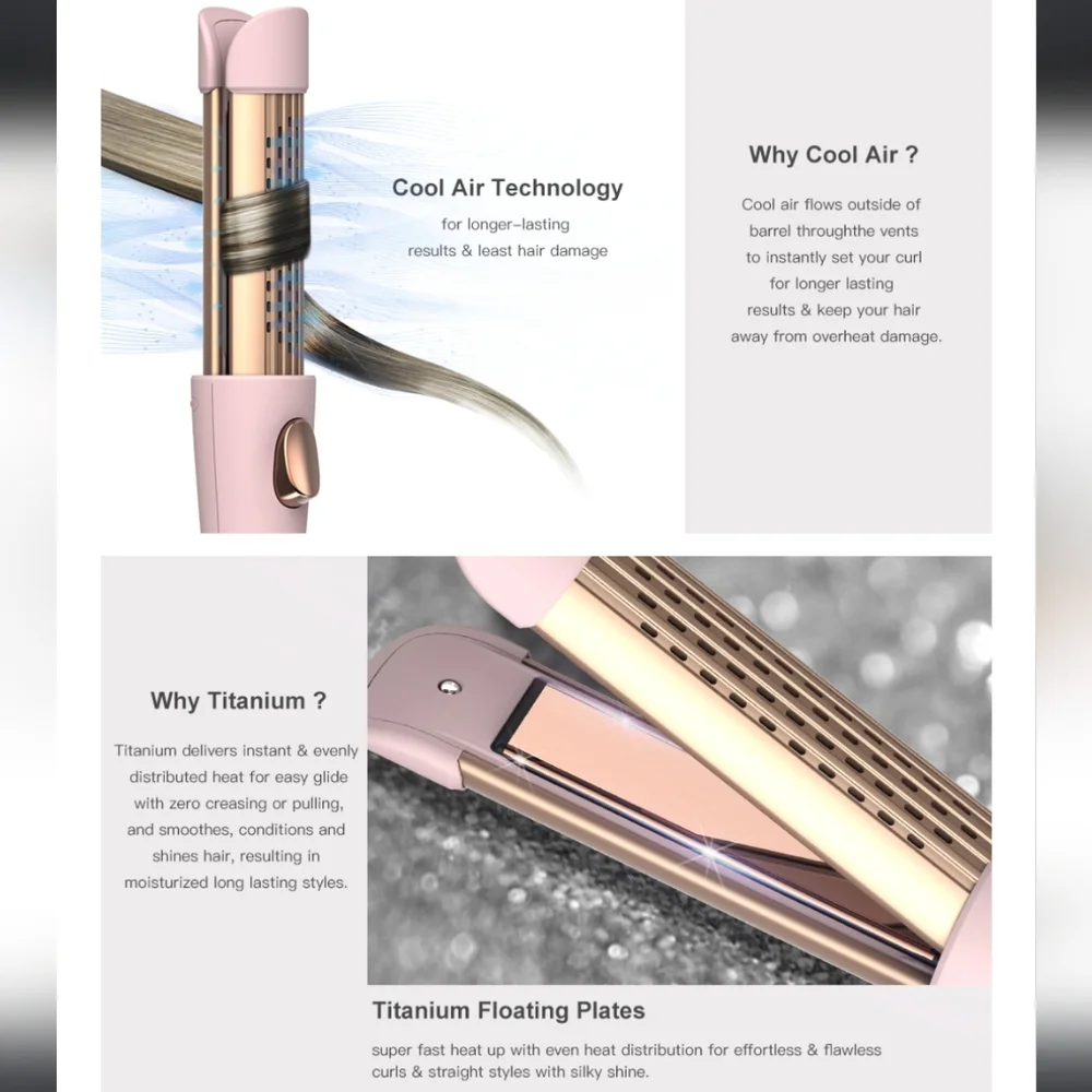 Miracomb 2-In-1 Professional Titanium Cool Air Straightener & Curler NIB