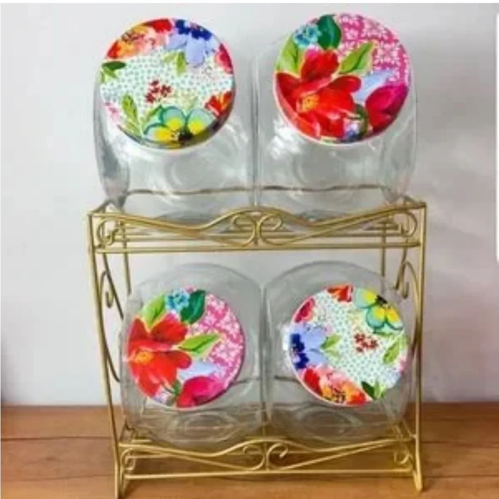 RARE! The Pioneer Woman Floral Medley Glass‎ Storage Jars with Metal Rack