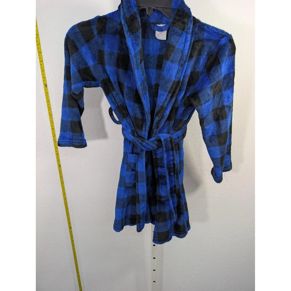 Wonder Nation Boy Blue Black Buffalo Plaid Fleece Bathrobe Size S 6-7 Plush Robe