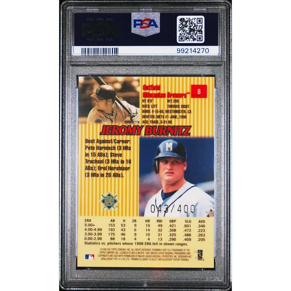 1999 Bowman's Best #8 Jeromy Burnitz 43/400 PSA 9 Mint Milwaukee Brewers - Pop 1