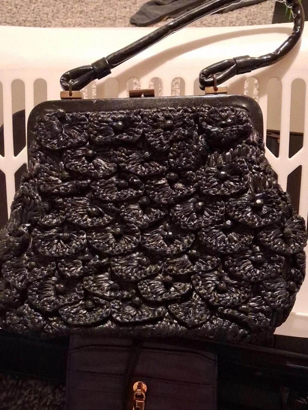 Women’s Black Beaded Floral Evening Clutch with Top Handle