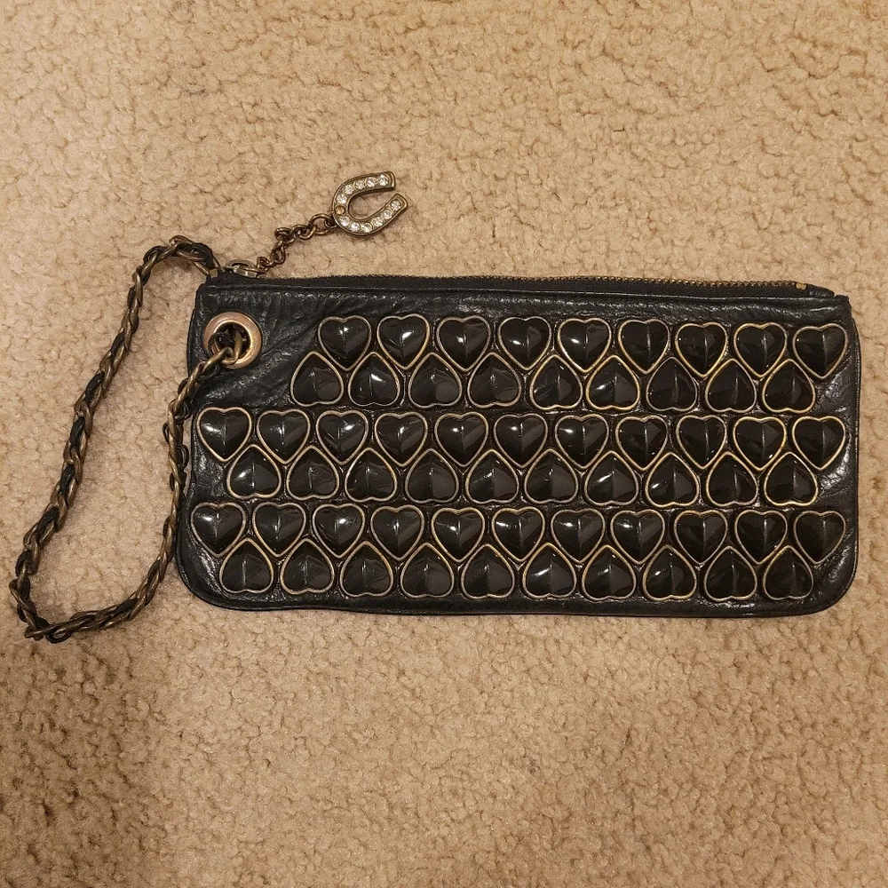 Rare Betsy Johnson Studded Black Heart Leather Clutch Chain‎ and Leather Strap