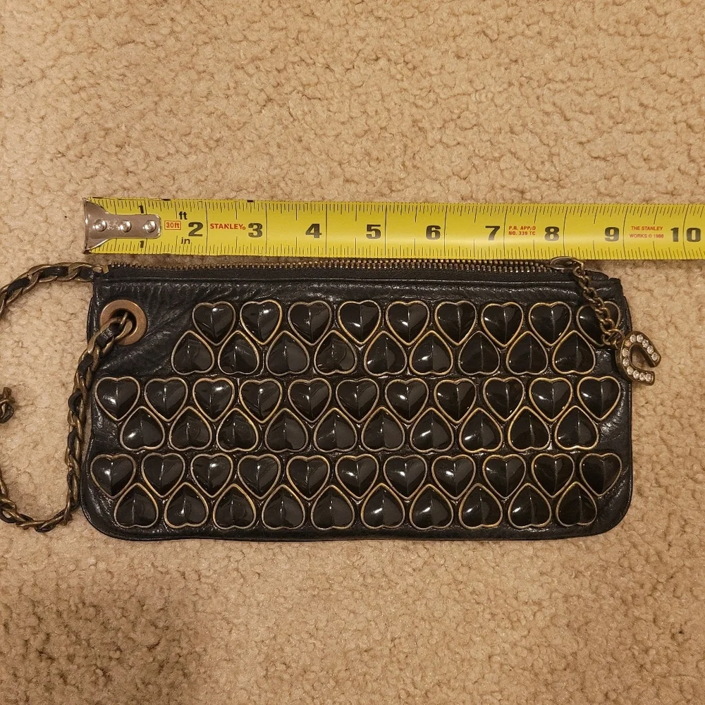 Rare Betsy Johnson Studded Black Heart Leather Clutch Chain‎ and Leather Strap