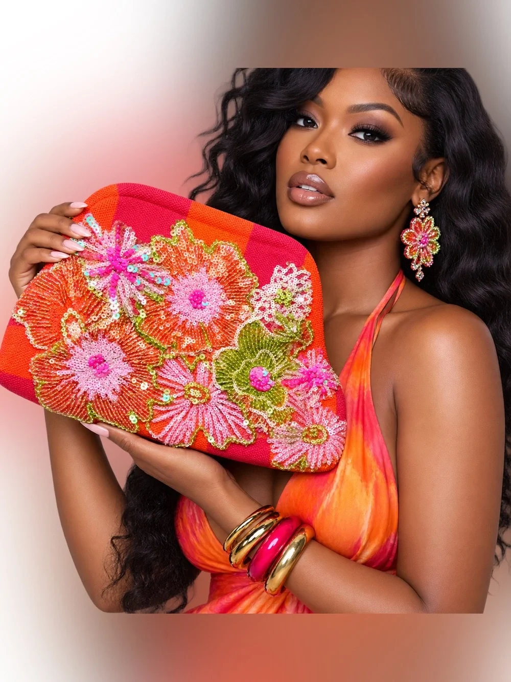 Vibrant Customized Floral Sequin Clutch - Pink, Orange & Green