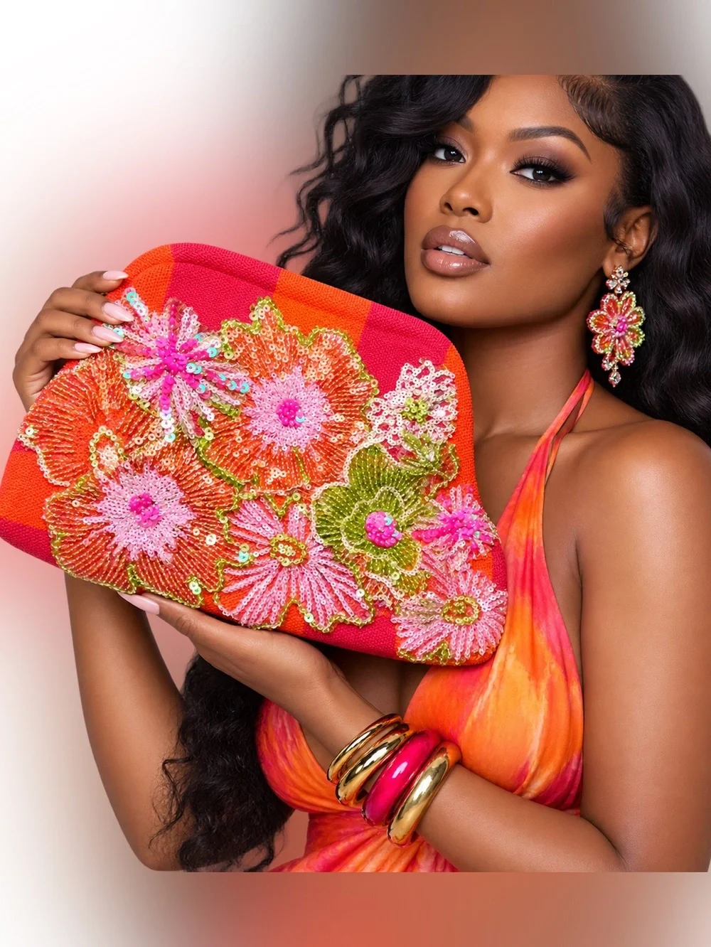 Vibrant Customized Floral Sequin Clutch - Pink, Orange & Green