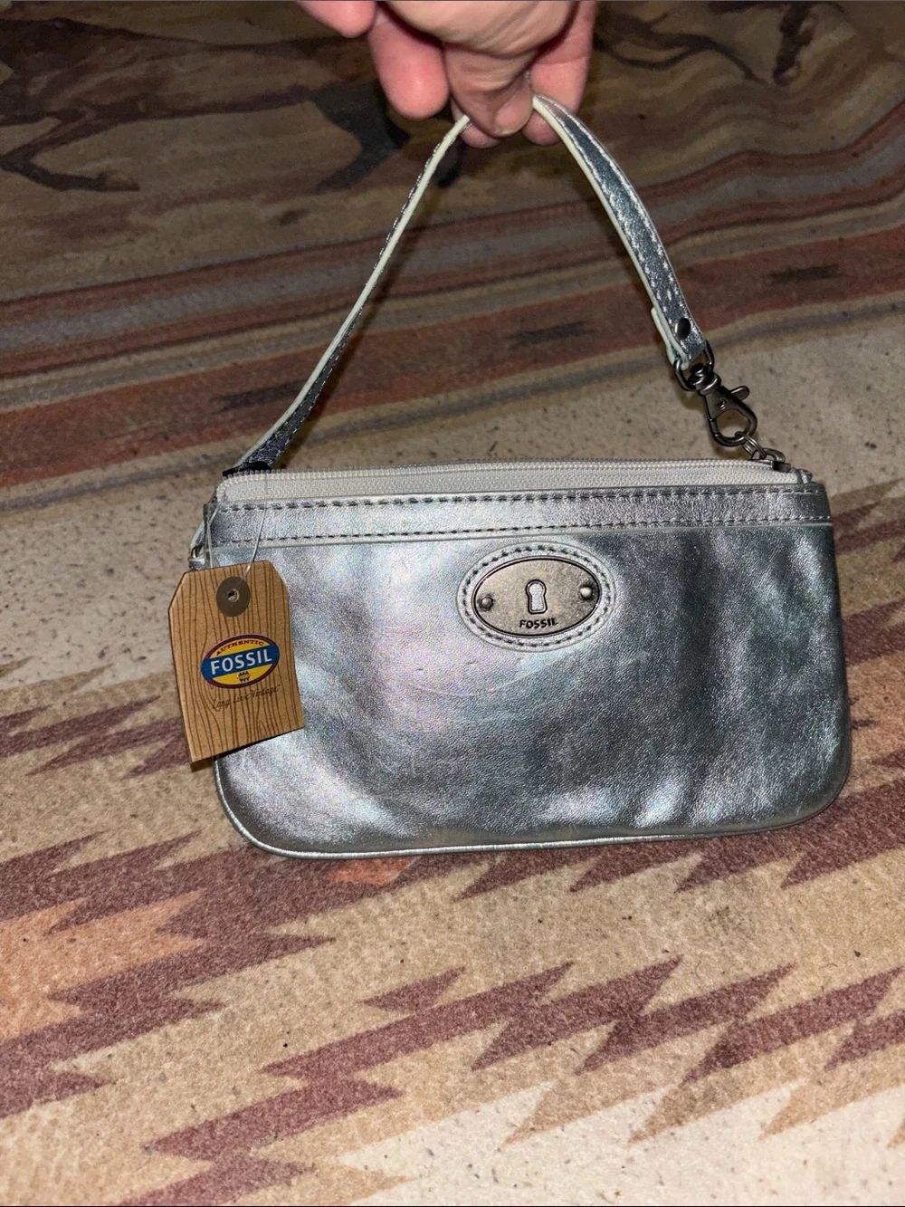 BRAND NEW Fossil Metallic Silver Women's Wristlet Clutch.