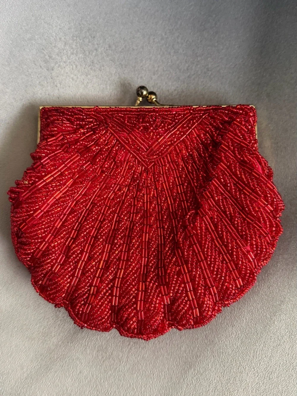 La Regale Red Beaded Shell Clutch
