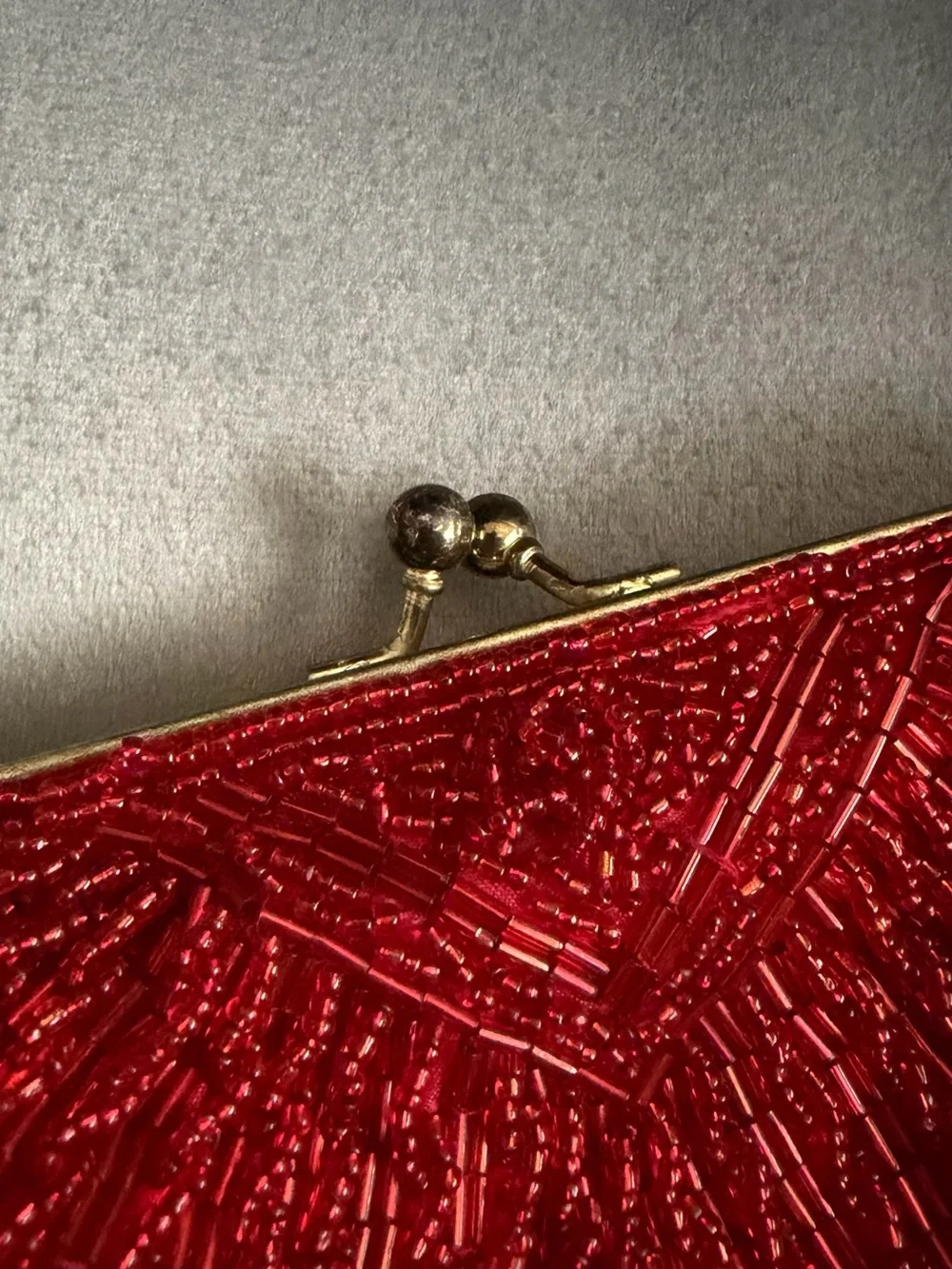 La Regale Red Beaded Shell Clutch