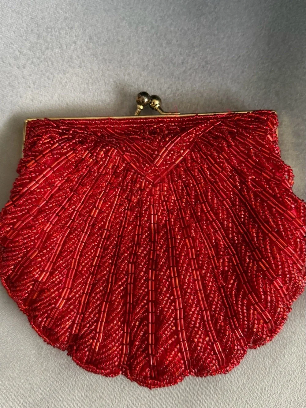 La Regale Red Beaded Shell Clutch