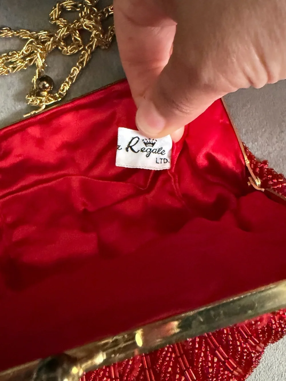 La Regale Red Beaded Shell Clutch