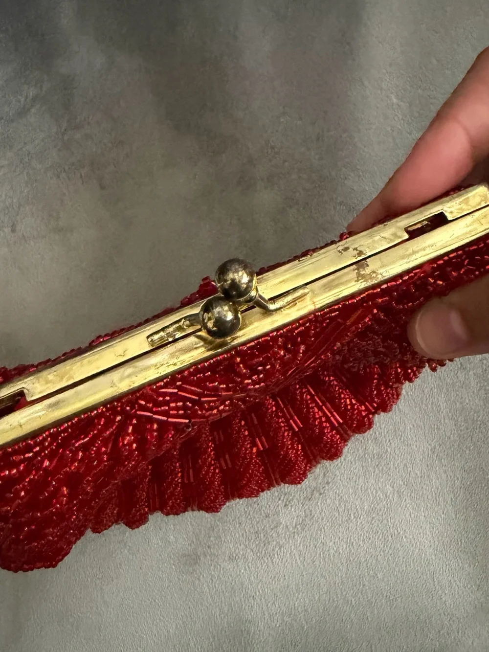 La Regale Red Beaded Shell Clutch