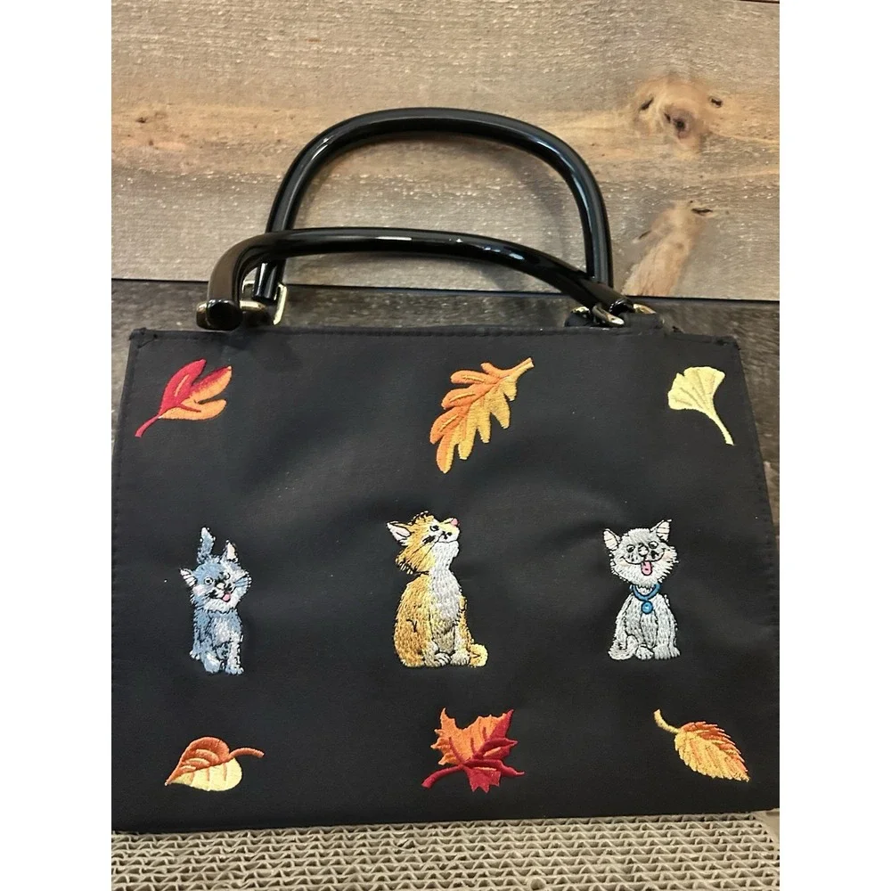 Kim Rogers Embroidered Fall‎ Cat Novelty Black Handbag Purse