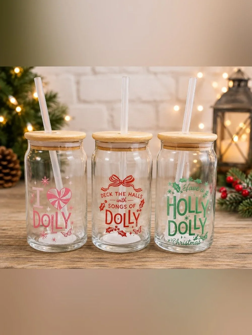 Dolly Parton Holiday 3 Glass Jar Tumblers with Bamboo Lid and Straw NWT