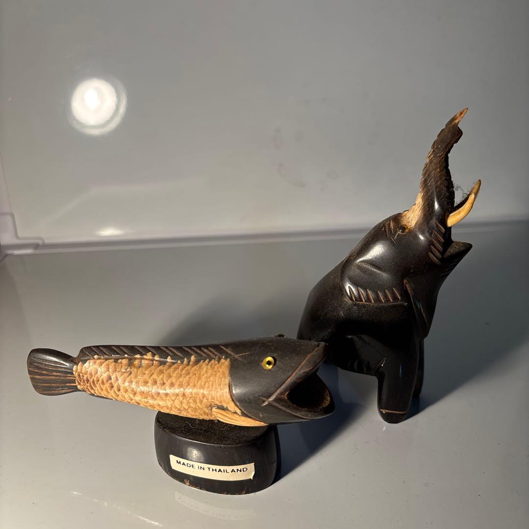 Wooden Fish and Elephant Carving, Made in Thailand