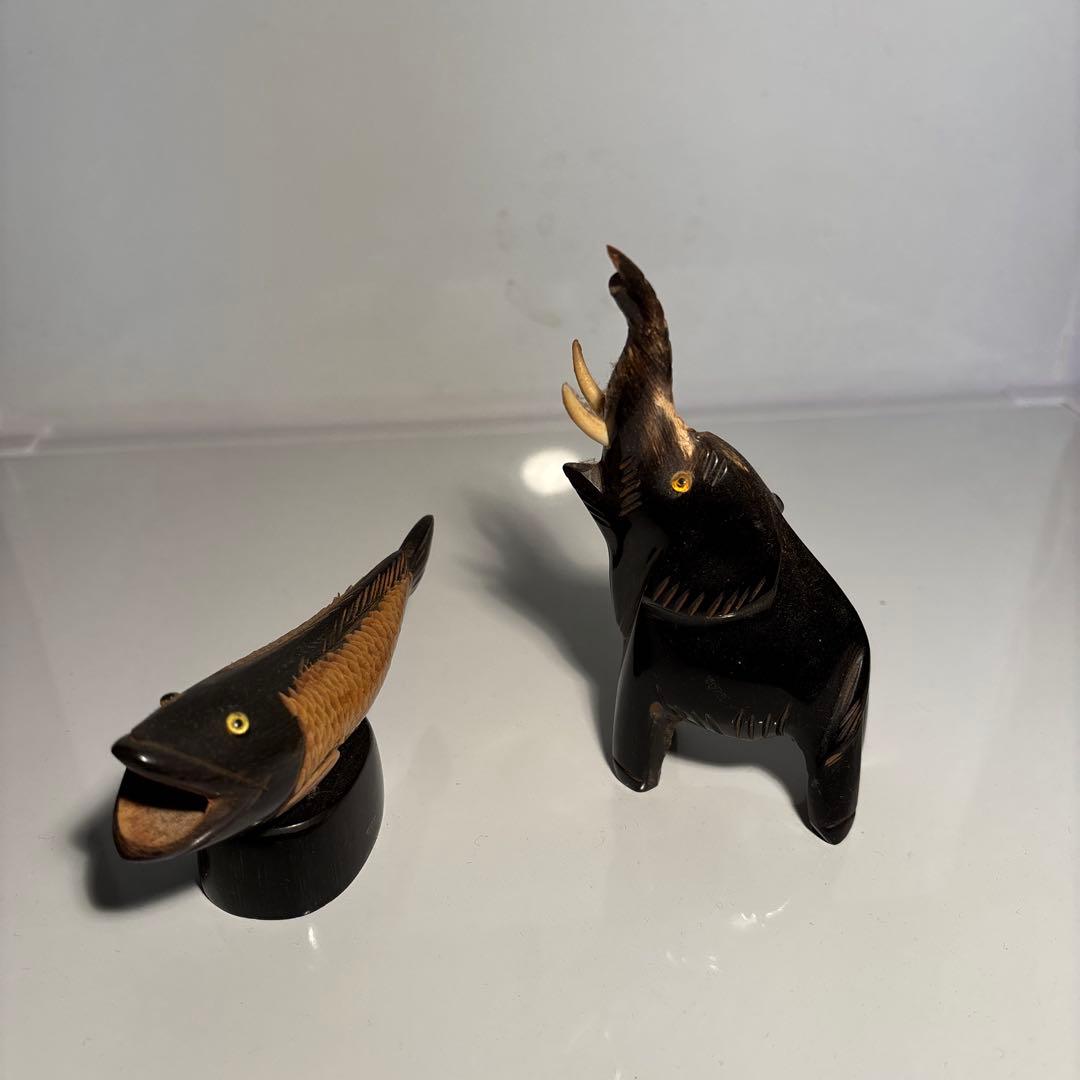 Wooden Fish and Elephant Carving, Made in Thailand